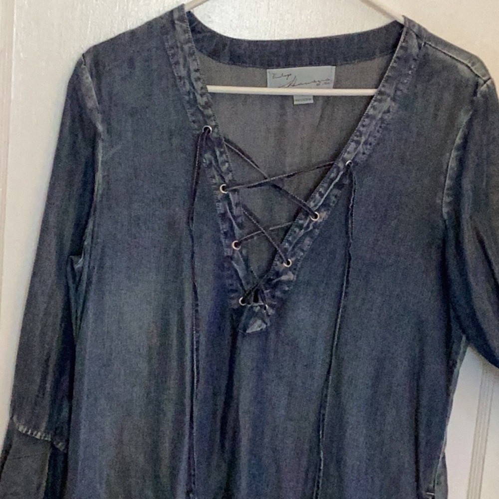 Denim Lace-Up Dress with Pockets